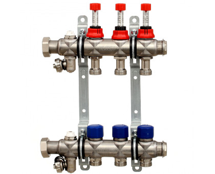 Коллекторная группа ELSEN, 1", 8 контуров, размер отвода-3/4", с вентилями и расходомерами, нержавеющая ст