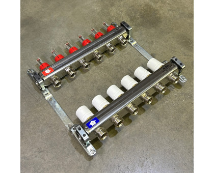 Коллекторная группа 1" Uni-Fitt 450Bнерж. сталь 6 выходов 3/4" с расходомерами и термостатическими вентилями без концевиков