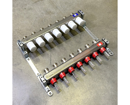 Коллекторная группа 1" Uni-Fitt 450Bнерж. сталь 7 выходов 3/4" с расходомерами и термостатическими вентилями без концевиков