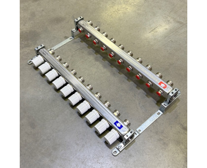 Коллекторная группа 1" Uni-Fitt 451B нерж. сталь с балансировочными и термостатическими вентилями без концевиков 10 выходов 3/4"