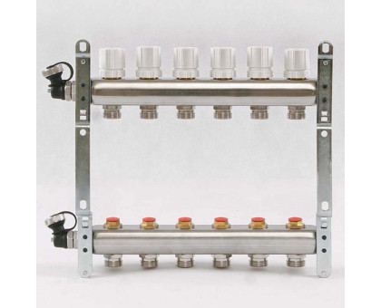 Коллекторная группа из нержавеющей стали с регулировочными и термостатическими вентилями UNI-FITT 1"x3/4"ЕК 6 выходов